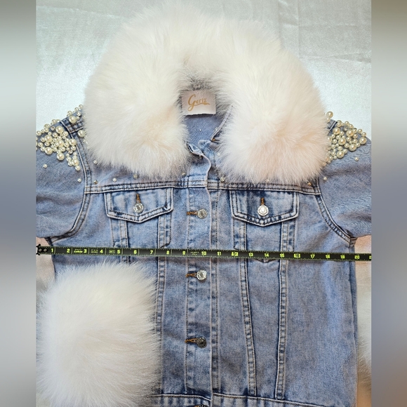 Stylish Blue Denim Beaded Jacket with White Faux Fur Collar By Gerlz Furs Medium - Picture 2 of 11